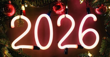 Bright neon digits display year 2026. Festive decorations surround numbers, creating holiday mood. Red ornaments enhance visual appeal.