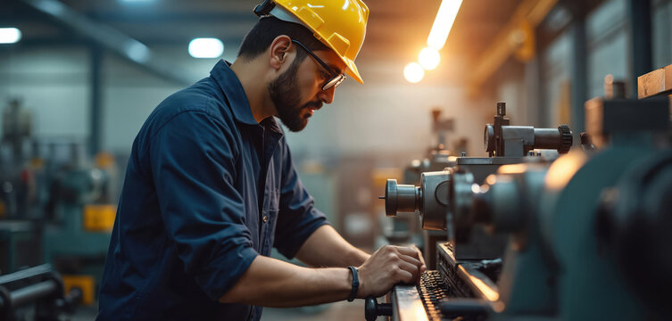 Man with beard wears yellow hard hat, blue uniform working on metal lathe machine. Focused operator uses precision tool in factory production plant workshop setting. Industrial worker performs