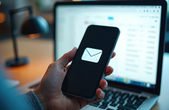 Person holds smartphone with envelope icon. Laptop displays emails in background. Work at home office, check messages, manage inbox, communicate online. Digital mail service concept.