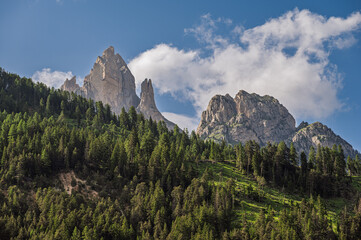 Catinaccio mountain range seen from San Nicolò valley, Val di Fassa, Dolomites, Italy