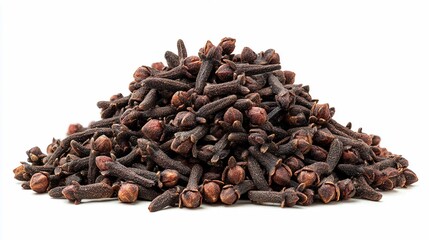 Obraz premium Heap of dried cloves, dark brown spice buds clustered on white background