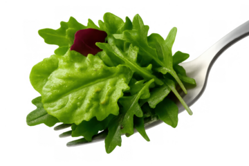 Fresh green salad leaves on a fork, showing healthy eating, vegetarian diet, and organic food, transparent background