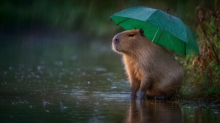 Capybara under a green umbrella by the waters edge during a gentle rain.