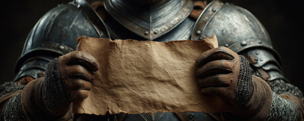 A medieval knight in armor presenting an ancient blank parchment, an old empty manuscript, invitation announcement