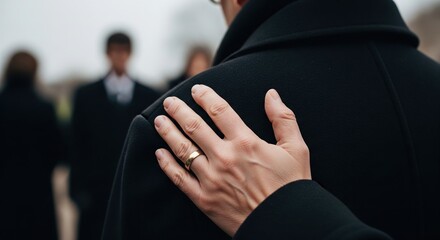 Closeup of a comforting hand on shoulder at a funeral service representing grief support and empathy poster