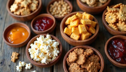 Various snacks in wooden bowls on rustic table background. Different treats include crackers popcorn, jams. Food is placed to gather for snack time. Overhead photo focuses on food items, textures.