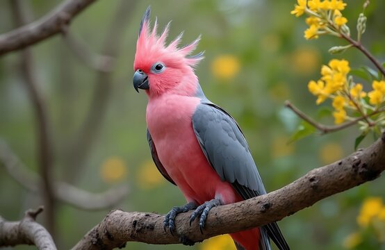 Pink, grey galah cockatoo perched on thick tree branch with blurred green foliage, yellow flowers. Australian bird distinctive crest, bright pink chest contrasting grey back, wings, looking towards