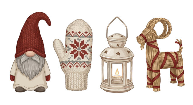Cozy Scandinavian Christmas celebration set with hand-drawn illustrations of a gnome, festive lantern, holiday mitten, and traditional straw goat