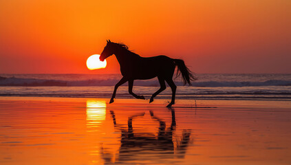 Dramatic silhouette of a horse running along the shoreline at sunset, captured against vibrant orange and purple sky tones