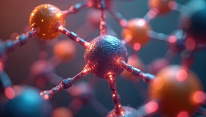 Abstract molecular structure with glowing orange and blue spheres connected by light beams. Scientific research concept for biology, chemistry, or data networks.