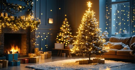 Cozy living room scene. Christmas tree glows, fireplace burns. Presents surround festive decorations, warm ambiance.
