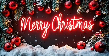 Festive scene depicts bright red ornaments, snowy ground, evergreen branches. Neon script spells Merry Christmas. Warm holiday greeting.