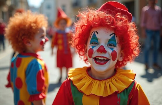 Children dressed as clowns with bright makeup, colorful wigs participate in lively street carnival parade. They wear fun costumes, smile joyfully. Event is full of excitement, vibrant celebration.