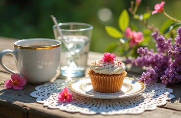 Garden picnic with cupcake, hot drink. Beautiful dessert, flowers, water on wood table. Morning refreshment with muffins, cappuccino. Summer snack on vacation. Romantic breakfast time in nature park.