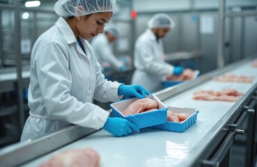 Workers in protective gear handle chicken breasts on an automated food production line. They place raw meat portions into blue trays for packaging and distribution within a modern factory.