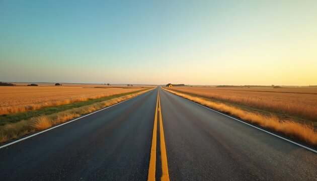Empty asphalt road goes to horizon line. Golden field flanks paved highway under clear sky with soft sunset light. Rural countryside journey begins.