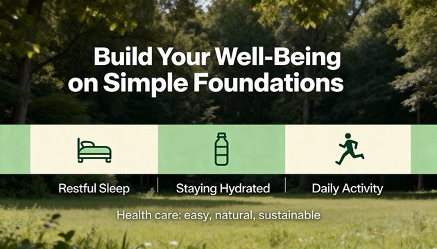 Well-being concept with simple foundations for a healthy lifestyle. Icons for sleep, hydration, and daily activity on a nature background - Powered by Adobe