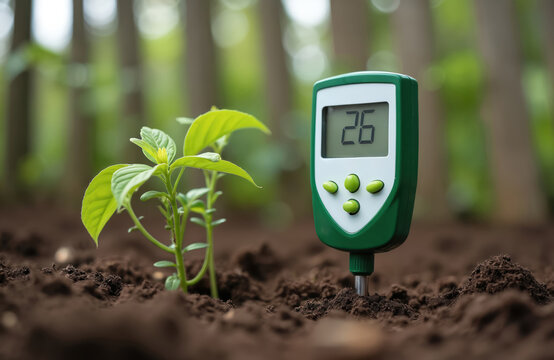 Agricultural meter tests soil moisture next to young plant sprout in dark earth. Device displays 26 numeric reading on screen. Growth monitoring device in outdoor garden setting.