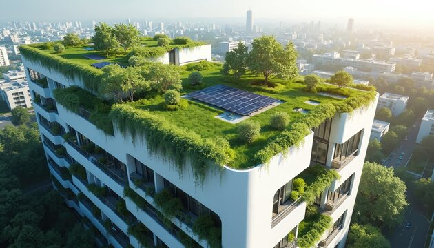Modern office building showcases rich green rooftop garden with solar panels. Trees and plants create eco-friendly facade, integrating nature into urban architecture for sustainable city living.