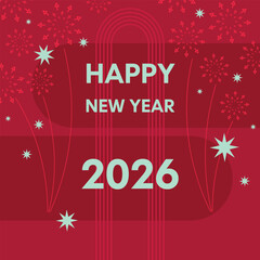 Square editable 2026 happy new year banner in warm deep red winter colors with graphical elements in flat minimalistic style. Suitable for web, social media, greeting or invitation cards. Vector.