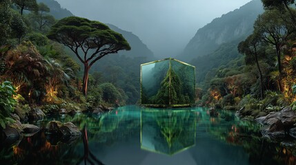 A glowing glass cube floats serenely in a misty forest lake, blending nature with futuristic architecture. The image evokes mystery, harmony, and ethereal beauty.