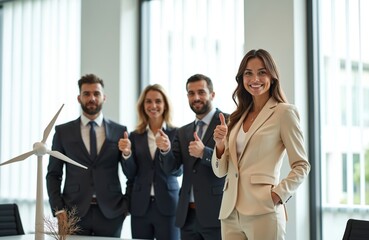 Diverse business team celebrates success in modern office with wind turbine model. Professionals give thumbs up, indicating positive results and teamwork in green energy sector.