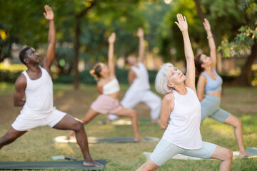 Motivated fit senior woman in comfortable sportswear performing Bound Reverse Warrior Pose, Baddha Viparita Virabhadrasana, during yoga practice with diverse group on green shaded glade in summer park