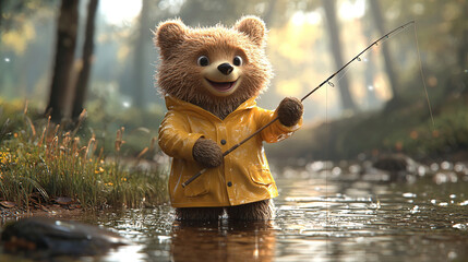 Happy bear fishing in a river wearing yellow raincoat