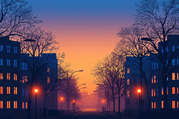 Empty city street with no people at sunset with orange sky reflecting on buildings