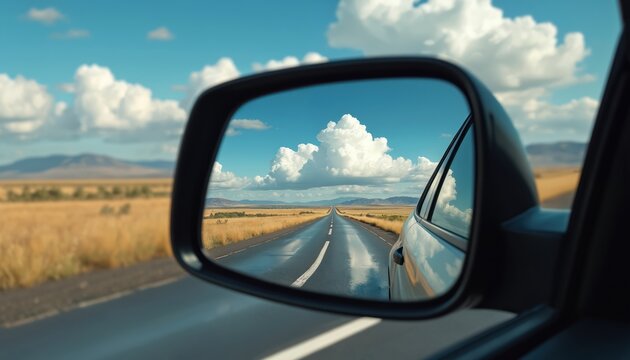Car side mirror reflects highway road under blue cloudy sky. Vehicle moves through countryside field. Travel by auto along asphalt road. Trip and vacation concept. Automotive and scenic journey.