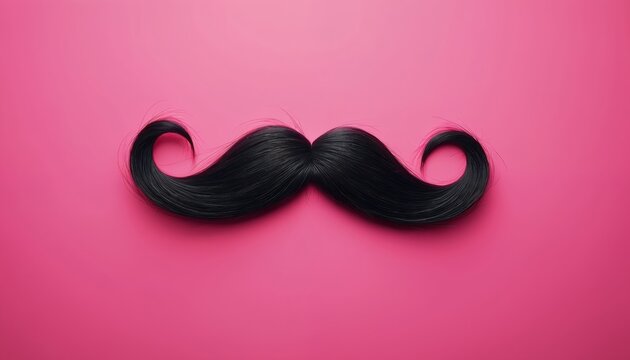 Black mustache made of hair on pink background. Conceptual photo for No Shave November or Father Day. Decorative element for design or beauty product advertisement. Stylish facial hair.
