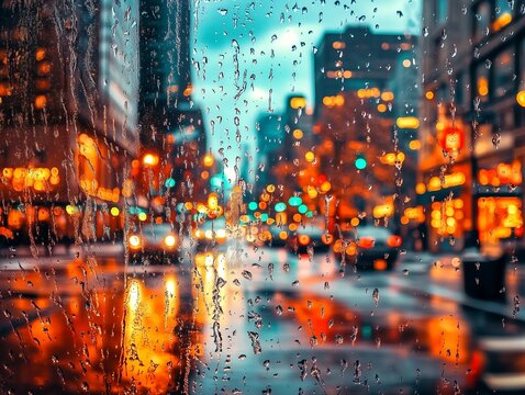 A bustling city street glistens under rain and neon lights, car trails blurring into vibrant streaks. The image conveys urban energy, nostalgia, and moody atmosphere.