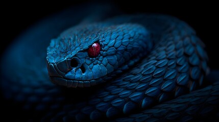 Fototapeta premium Close-up of a striking blue snake with piercing red eyes in a dark, mysterious setting.