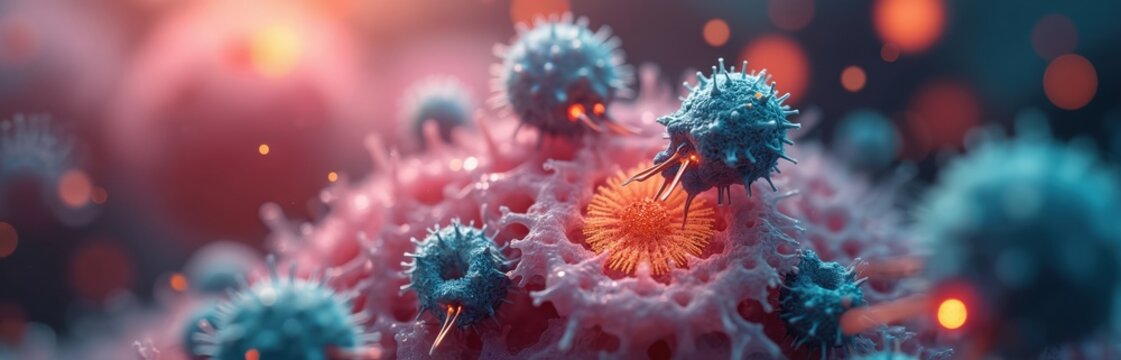Close up shows nanobots repairing cell tissue. Tech resolves illness at microscopic level. Nanomedicine helps cure disease in modern future. Futuristic healthcare uses advanced biotechnology. - Powered by Adobe