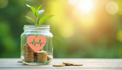 Glass jar holds stacked coins with green sprout growing upwards. Pink heart shape with ECG line signifies financial health and investment growth, symbolizing prosperous future.