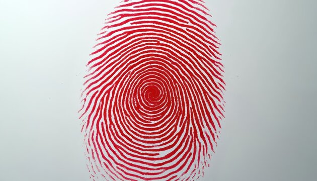 Vivid red fingerprint stands out on clean white background. Unique biometric mark signifies identity, security, digital access. Represents personal data, crime investigation, modern tech solutions.
