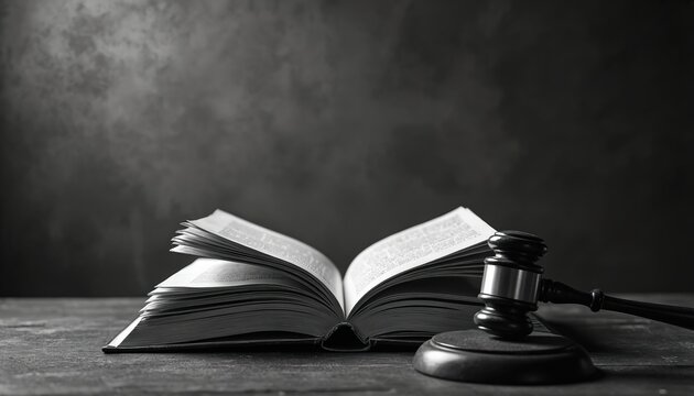 Open law book and gavel on dark table. Justice concept. Legal system and court authority. Jurisprudence and legislation symbol. Crime and civil case solving. Judgement concept. Attorney work. - Powered by Adobe