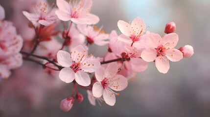 Obraz premium Close-up of delicate pink cherry blossoms blooming on a branch in soft focus.