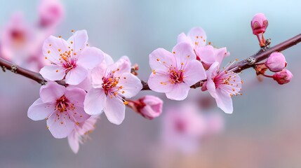 Obraz premium Close-up of delicate pink cherry blossoms on a branch against a soft, blurred background, symbolizing springs arrival and natural beauty.