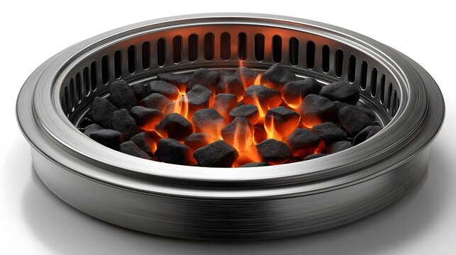 Modern fire pit with glowing embers and charcoal stones, surrounded by a sleek metallic rim, creating a warm and inviting atmosphere for outdoor gatherings and relaxation