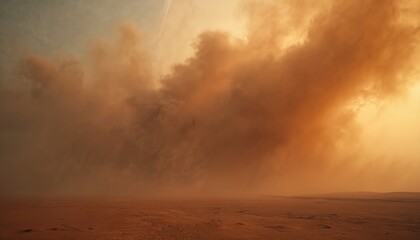 Massive sandstorm engulfs desert landscape with immense dust clouds. Fierce winds blow sand across barren terrain under an orange sky. Extreme weather event without people.