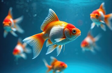 Fototapeta premium Several orange and white goldfish swim together in clear blue water. Fish have flowing fins and tails. One fish is in foreground, sharp and detailed, while others are blurred in background.