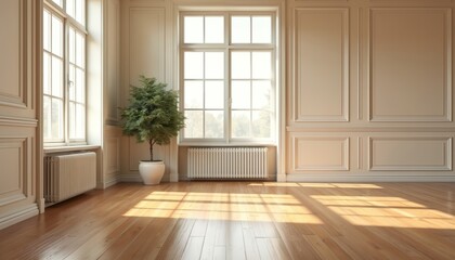 Obraz premium Empty living room interior render with large windows, wood floor. Tree in pot stands near radiator. Sunlight fills room. Modern home apartment room with wooden flooring and light walls.