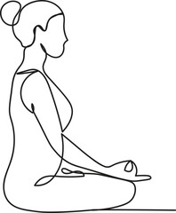 Woman sitting in lotus pose yoga. Continuous one line drawing, Women doing yoga one line drawing. Aerobic sport girl exercise for modern healthy lifestyle, women performing yoga line