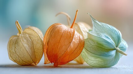 Close-up of three vibrant Physalis fruits with delicate papery husks.