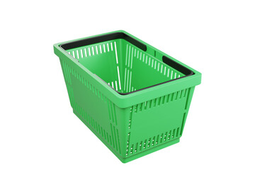 Plastic shopping basket on isolated background. Store empty basket. Supermarket shopping cart. 3d rendering.