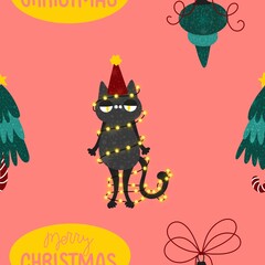 Cartoon funny cats seamless Christmas pattern for wrapping paper and kids clothes print and festive packaging