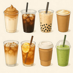 Various cold and hot drinks set. Collections of whipped instant, cold brew coffee, bubble tea, cappuccino, iced latte and other beverages in plastic cup, paper mug, glass. Vector illustration
