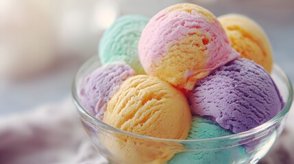 Colorful scoops of ice cream in a clear glass bowl.
