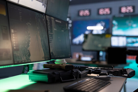 Empty control center housing operational missile defense system designed to intercept and eliminate ballistic threats. Military army headquarters used for tracking rockets using radar equipment